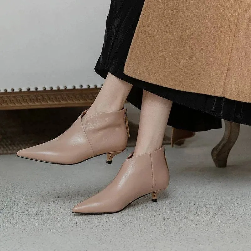 White Pointed Toe Kitten Heel Booties - Spring & Autumn Ankle Boots