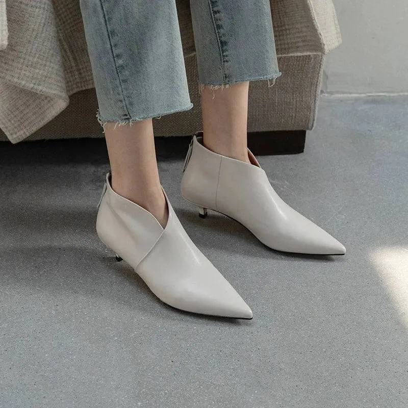 White Pointed Toe Kitten Heel Booties - Spring & Autumn Ankle Boots