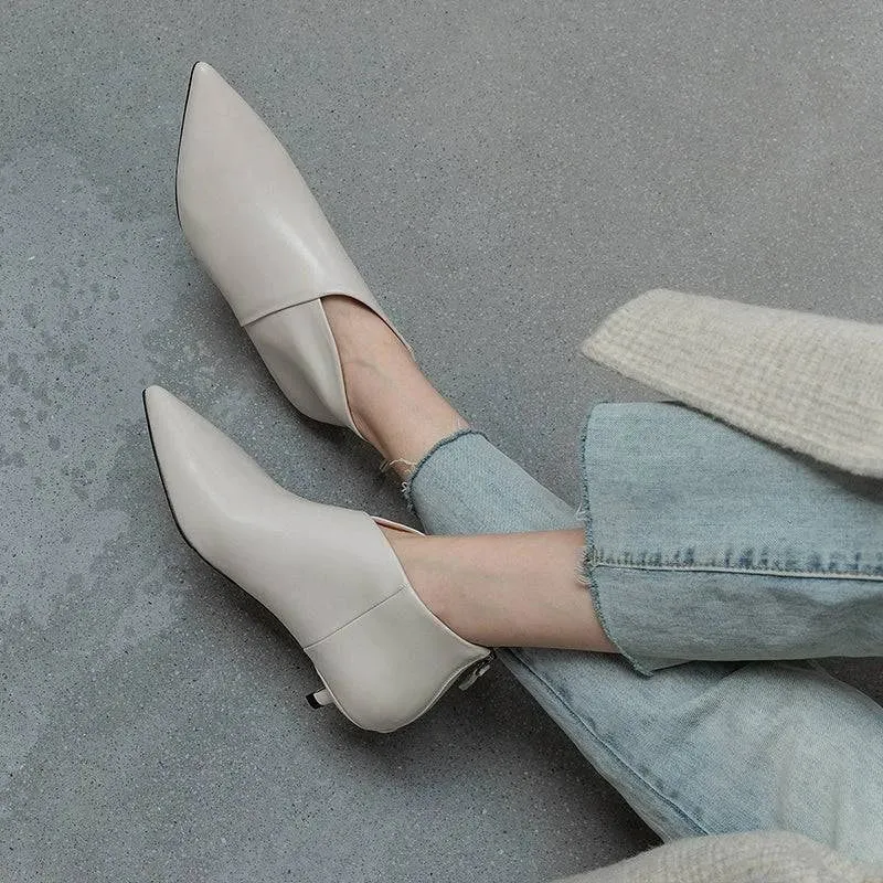 White Pointed Toe Kitten Heel Booties - Spring & Autumn Ankle Boots