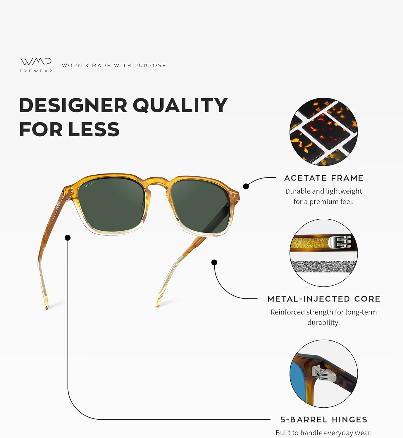 WMP Eyewear - Men's Polarized Square Sunglasses, Wide Fit: Modern Retro Style with Unique Color Combos