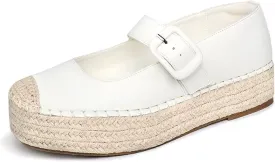 Women's Platform Mary Janes Shoes Women Espadrilles Flats Leather Round-Toe Buckle Strap Espadrilles Mary Janes for Women